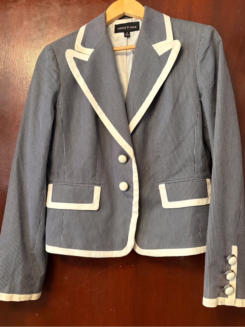 Womenâs Isabel & Nina Blue Pinstripe Blazer With White Trim